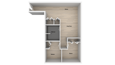 Floor plan for 2 beds, 1 bath, 743 sqft